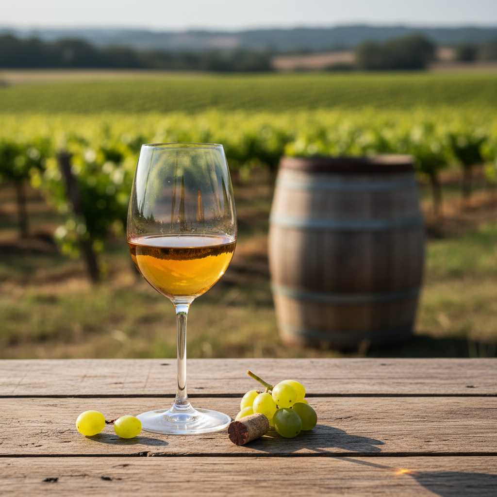 Taça de vinho Sémillon sobre uma mesa de madeira rústica, com um vinhedo ensolarado e um barril de vinho de carvalho ao fundo.