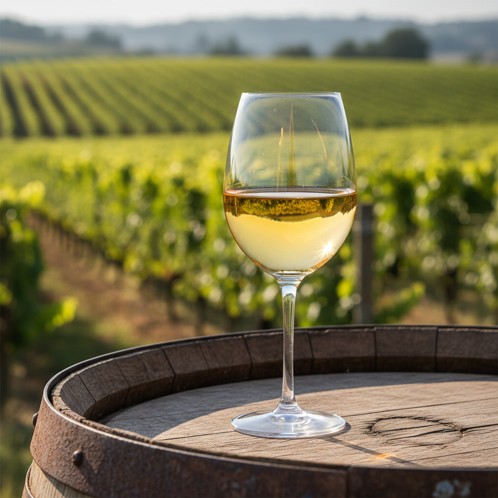 Taça de vinho branco Fernão Pires com reflexos dourados sobre um barril de madeira rústico, com vinhedos verdes ao fundo sob a luz do sol.