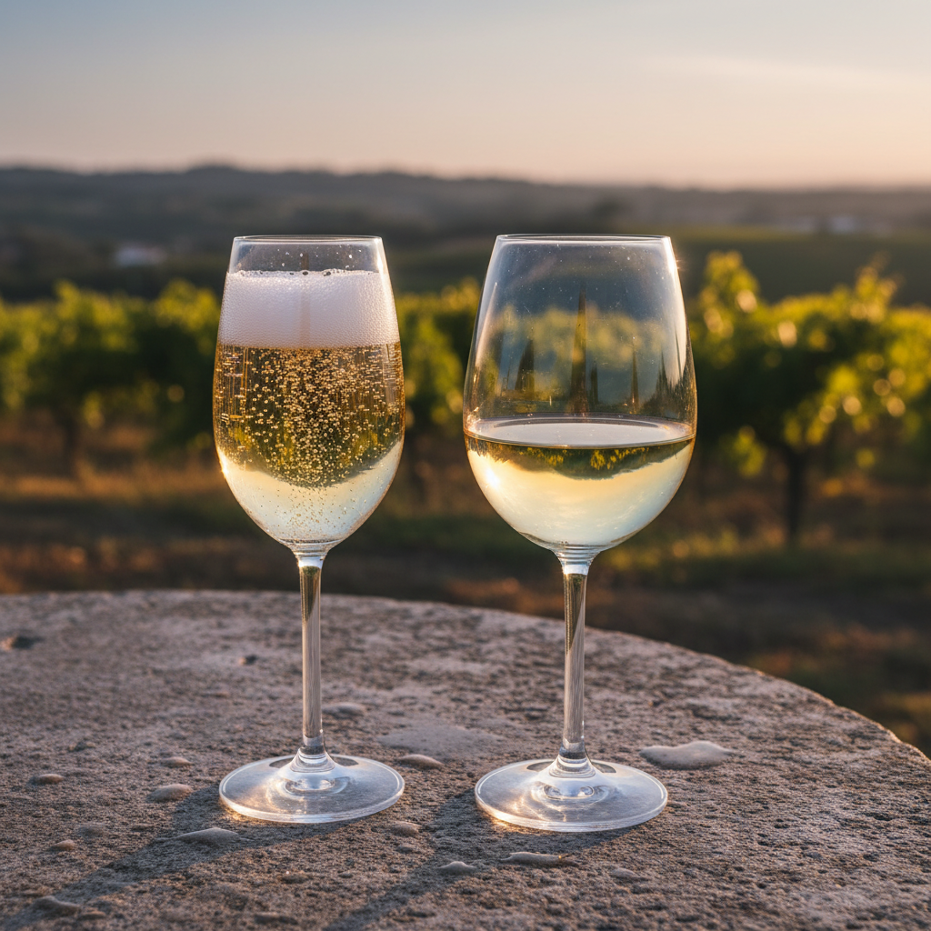 Taças de vinho Fernão Pires, uma de espumante e outra de vinho branco fresco, em mesa de pedra com vinhedo português ao fundo.