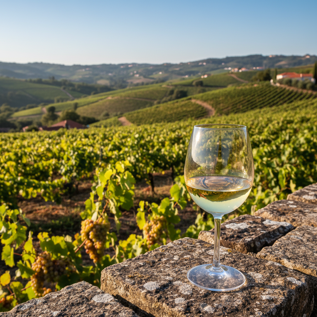 Taça de vinho branco em um vinhedo português, com videiras exuberantes sob o sol e um cenário de colinas.
