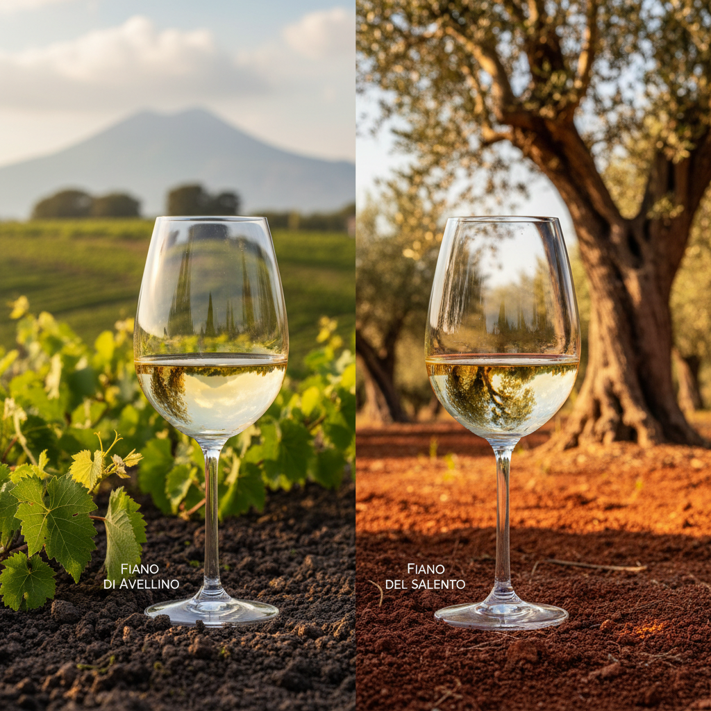 Duas taças de vinho Fiano, uma representando a Campânia com solo vulcânico e outra a Puglia com solo avermelhado, simbolizando as diferenças regionais.