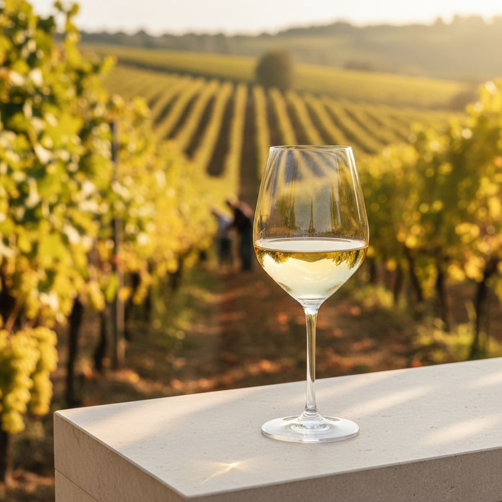 Taça de vinho Fiano, branco italiano, em uma mesa de pedra com vinhedos da Campânia ao fundo sob luz natural.