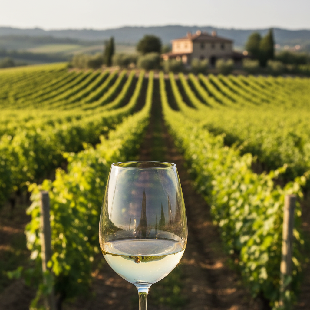 Taça de vinho branco Fiano em um vinhedo ensolarado na Campânia, Itália