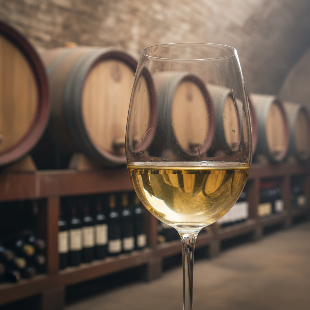 Taça de vinho Fiano envelhecido com cor dourada, em adega com barris de carvalho e garrafas empoeiradas ao fundo.