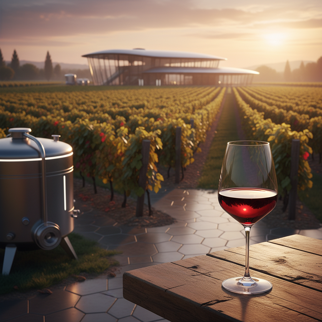 Vinhedo moderno de Aleatico ao pôr do sol, com uma taça de vinho tinto e barris ao fundo, simbolizando a inovação e o futuro promissor da casta.