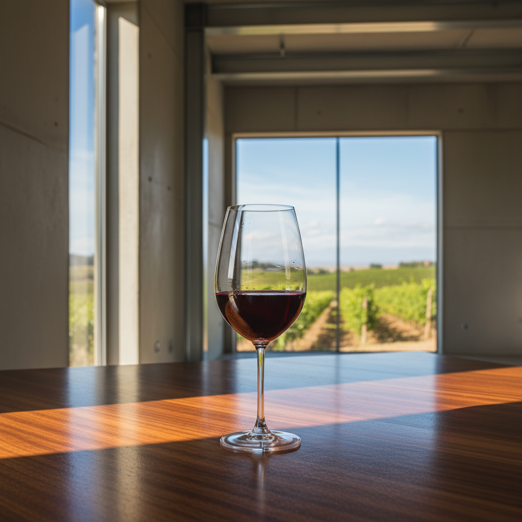 Taça de vinho Carmenère de cor rubi intensa sobre mesa de madeira elegante, com vinhedo exuberante ao fundo, representando inovação e tradição da casta.