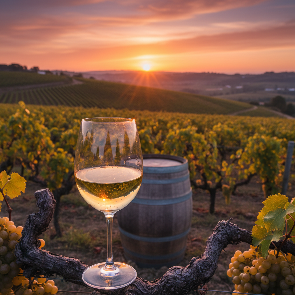 Taça de vinho branco Fernão Pires/Maria Gomes em um vinhedo português ao pôr do sol, com barris de madeira ao fundo.