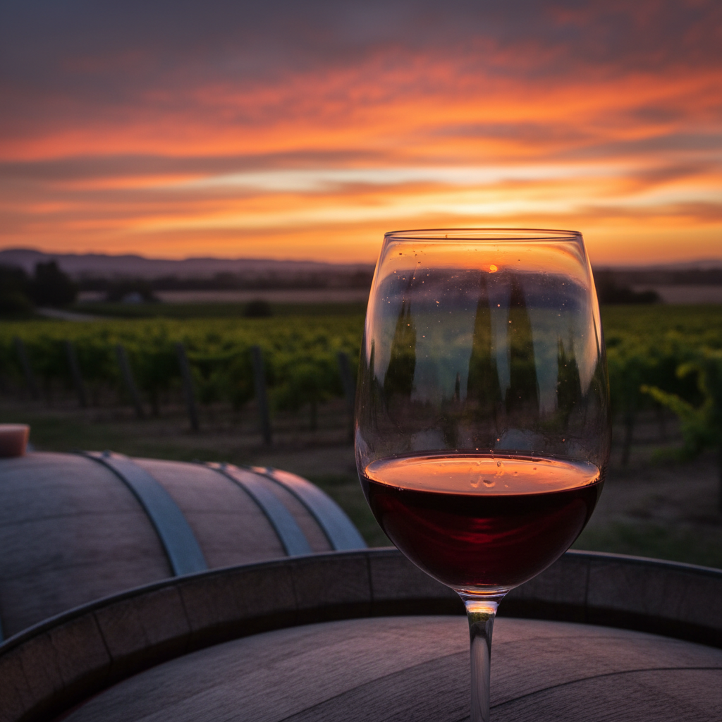 Taça de vinho Grenache tinto com reflexos do pôr do sol, em um vinhedo expansivo com barril de carvalho em primeiro plano.