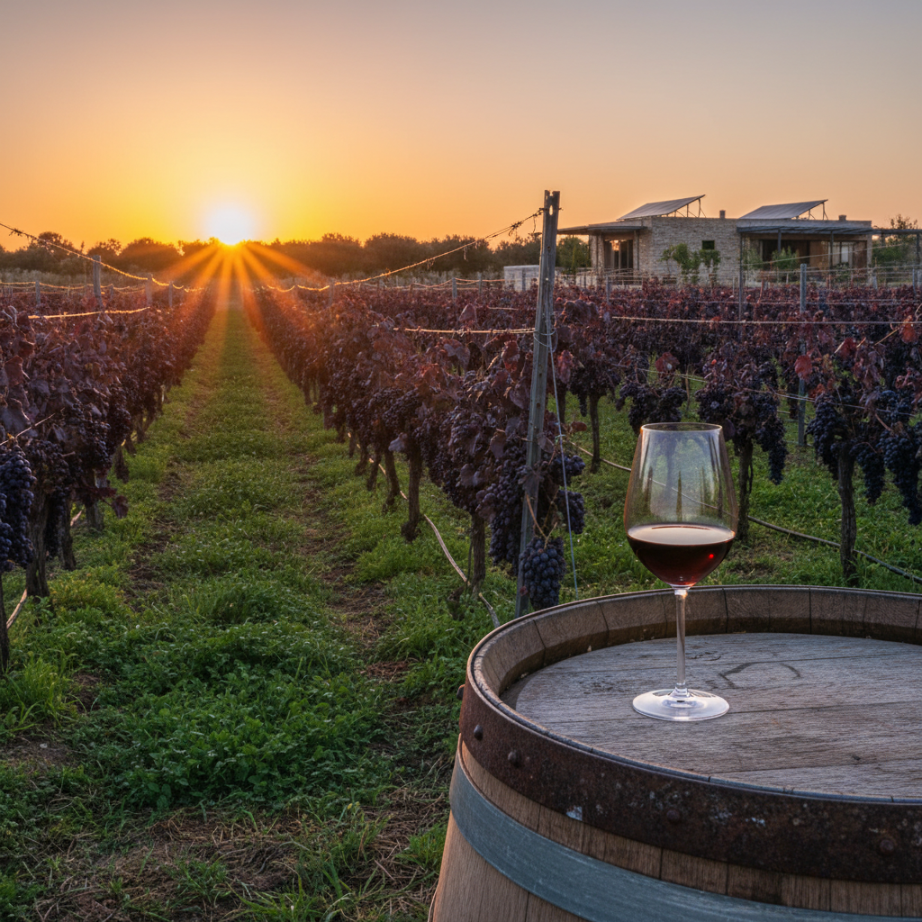 Vinhedo de Mavrodaphne na Grécia ao pôr do sol, com um copo de vinho sobre um barril, simbolizando a fusão de inovação e tradição sustentável.