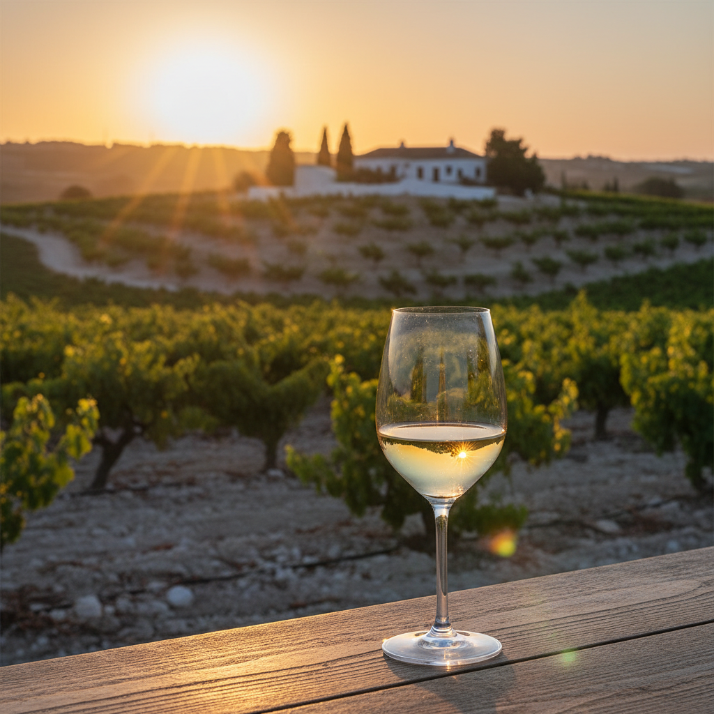 Vinhedo de uvas Palomino na região de Jerez, Espanha, sob a luz dourada do pôr do sol, com uma taça de vinho branco elegante em primeiro plano, representando o futuro e a inovação.
