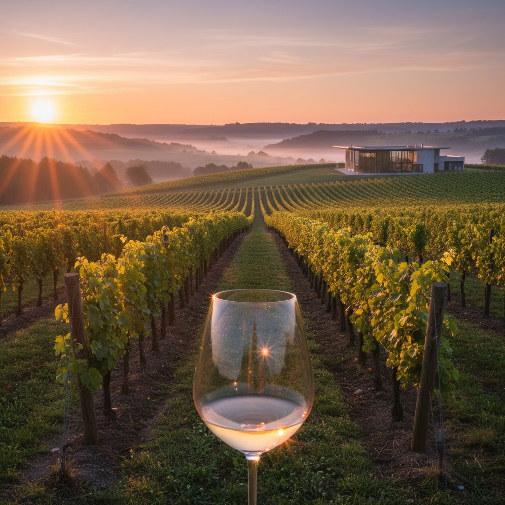 Vinhedo de uvas Bacchus ao amanhecer, com uma taça de vinho moderna em primeiro plano, simbolizando o futuro e a inovação no mercado global de vinhos.