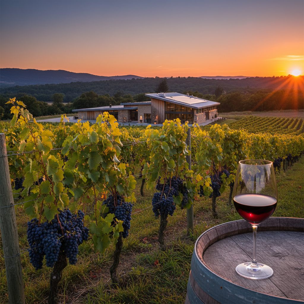 Vinhedo moderno e sustentável ao pôr do sol com uvas Jacquez, e uma taça de vinho tinto profundo em primeiro plano.