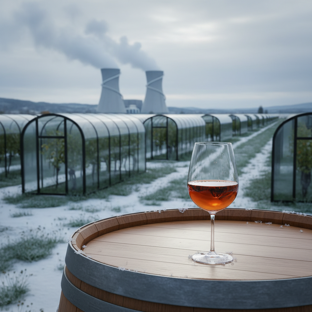 Vinhedo moderno e inovador na Estônia, com um copo de vinho âmbar em um barril, simbolizando a viticultura báltica de clima frio e suas inovações.