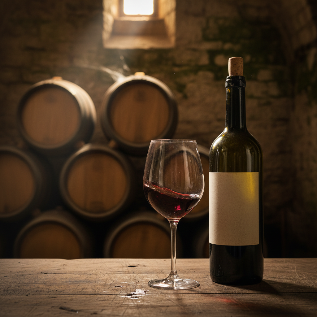 Garrafa e taça de vinho Gamay envelhecido em uma adega rústica com barris de carvalho ao fundo, simbolizando o potencial de guarda.