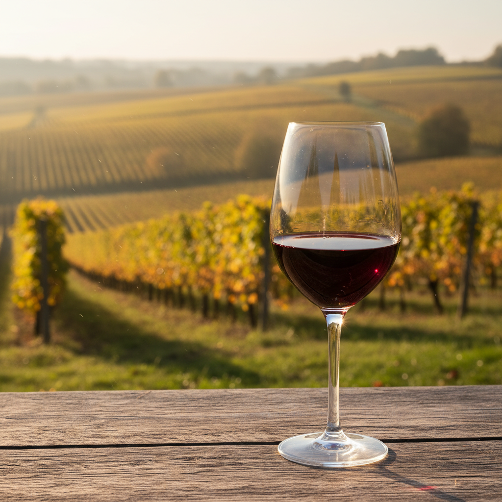 Taça de vinho Gamay Noir sobre mesa de madeira rústica em vinhedo ensolarado de Beaujolais.