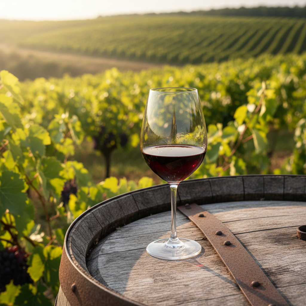 Taça de vinho tinto Gamay em um barril de carvalho, com vinhedos verdes ao fundo sob a luz do sol.