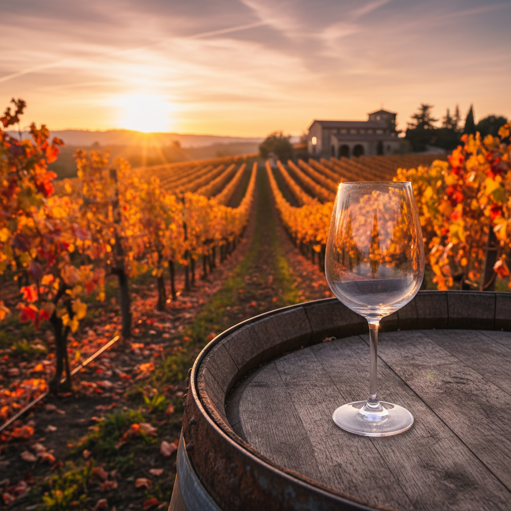 Taça de vinho tinto sobre barril de carvalho em vinhedo outonal ao pôr do sol, representando a leveza e elegância do Gamay e Pinot Noir.