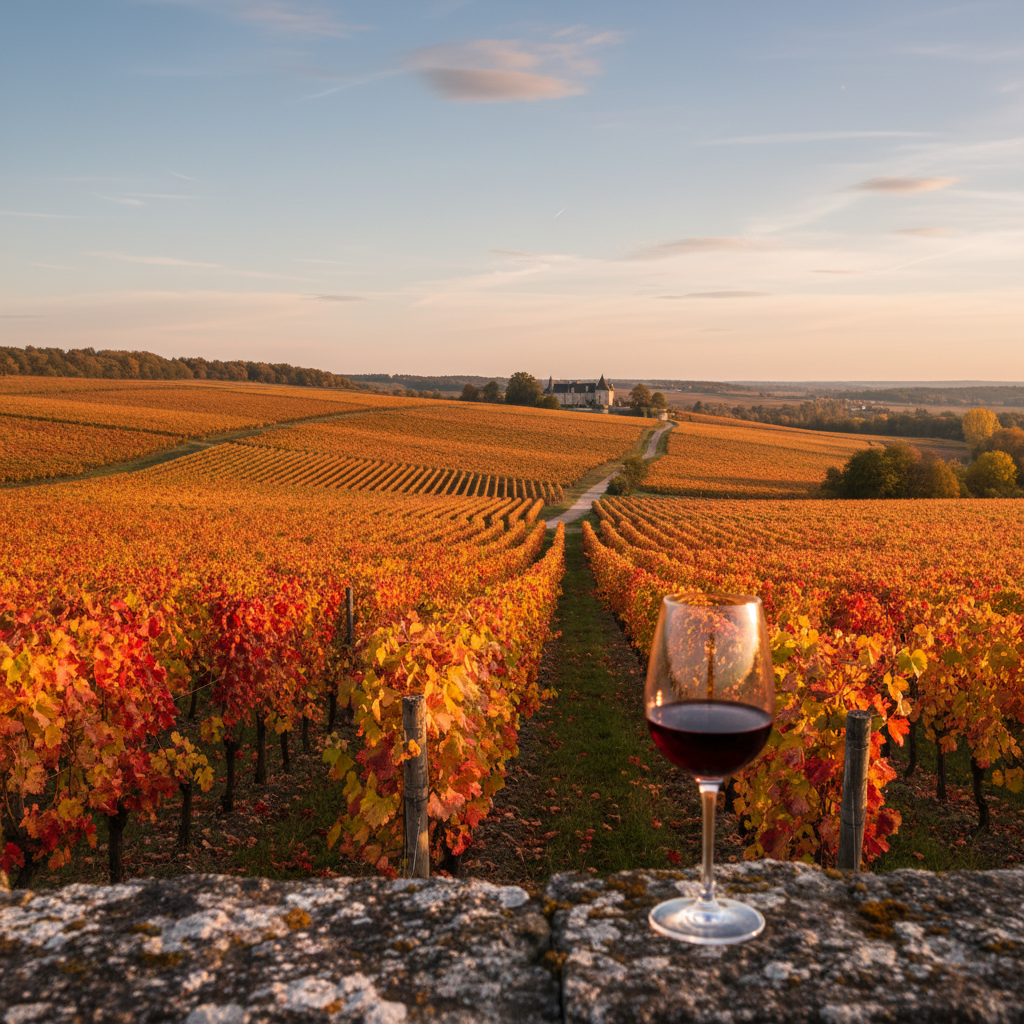 Vinhedo de Gamay Noir no outono com folhas coloridas, com uma taça de vinho tinto sobre um muro de pedra, em uma paisagem ensolarada.