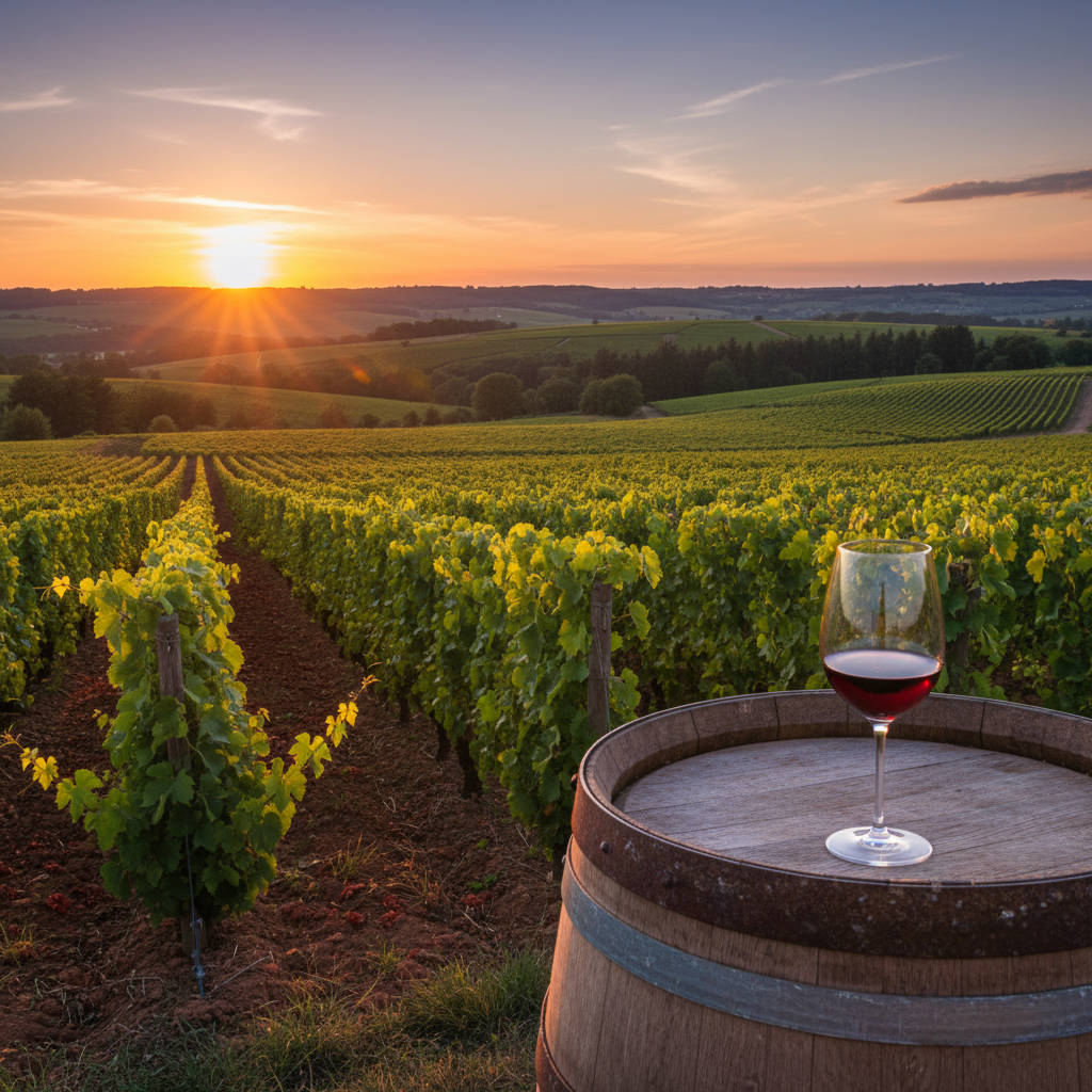 Taça de vinho Gamay Noir sobre um barril de madeira em um vinhedo de Beaujolais ao pôr do sol.