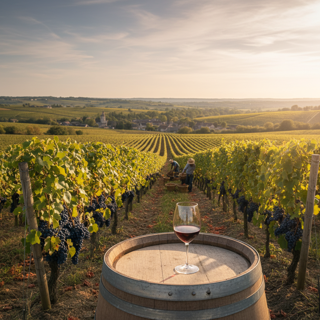 Vinhedo de uva Gamay Noir ao entardecer com uma taça de vinho tinto sobre um barril de madeira, destacando a beleza do ambiente.