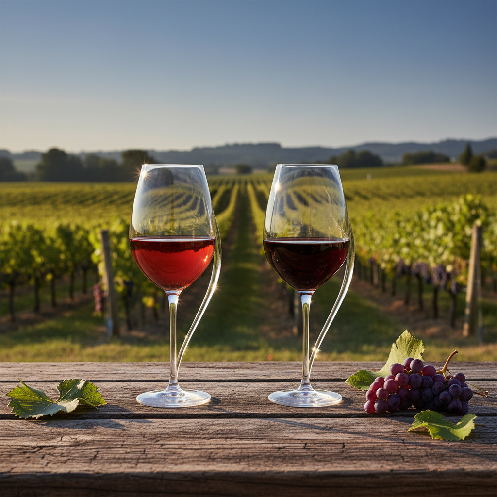 Duas taças de vinho tinto, uma mais clara e outra mais escura, em uma mesa rústica em vinhedo durante a colheita, representando a comparação entre Gamay e Pinot Noir.
