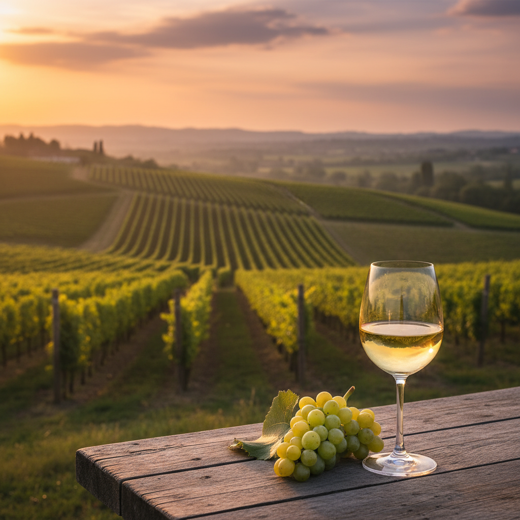 Vinhedo italiano ensolarado na região do Vêneto, com fileiras de videiras de Garganega em suaves colinas. Em primeiro plano, uma taça de vinho branco Garganega com reflexos dourados sobre uma mesa rústica.