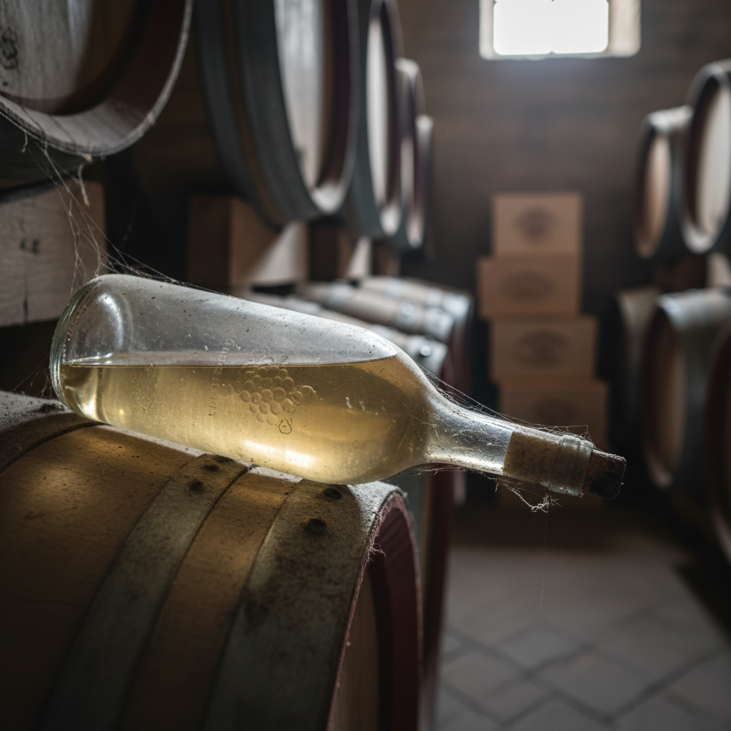 Garrafa de vinho Garganega envelhecida, empoeirada, repousando em uma adega escura com prateleiras de madeira e barris ao fundo.
