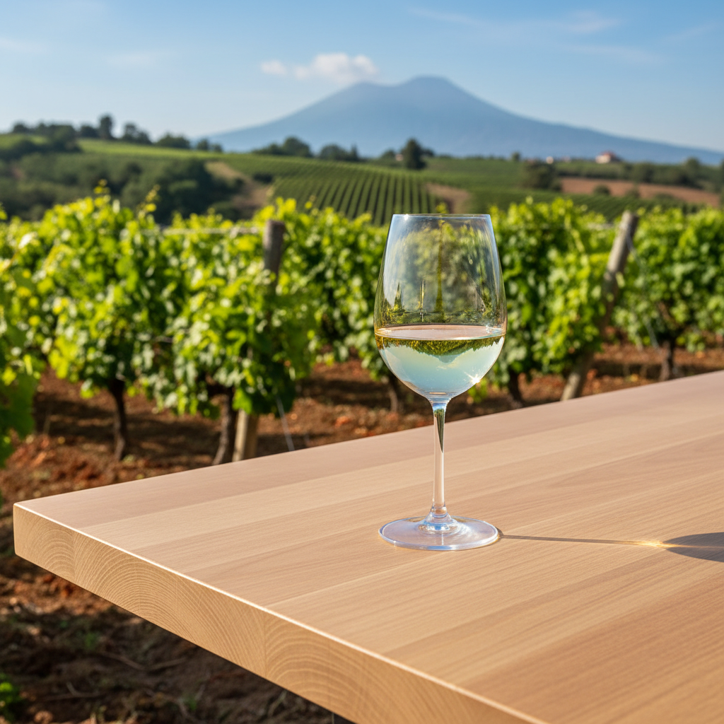 Taça de vinho branco elegante em vinhedo italiano ensolarado, simbolizando a modernidade da Garganega.