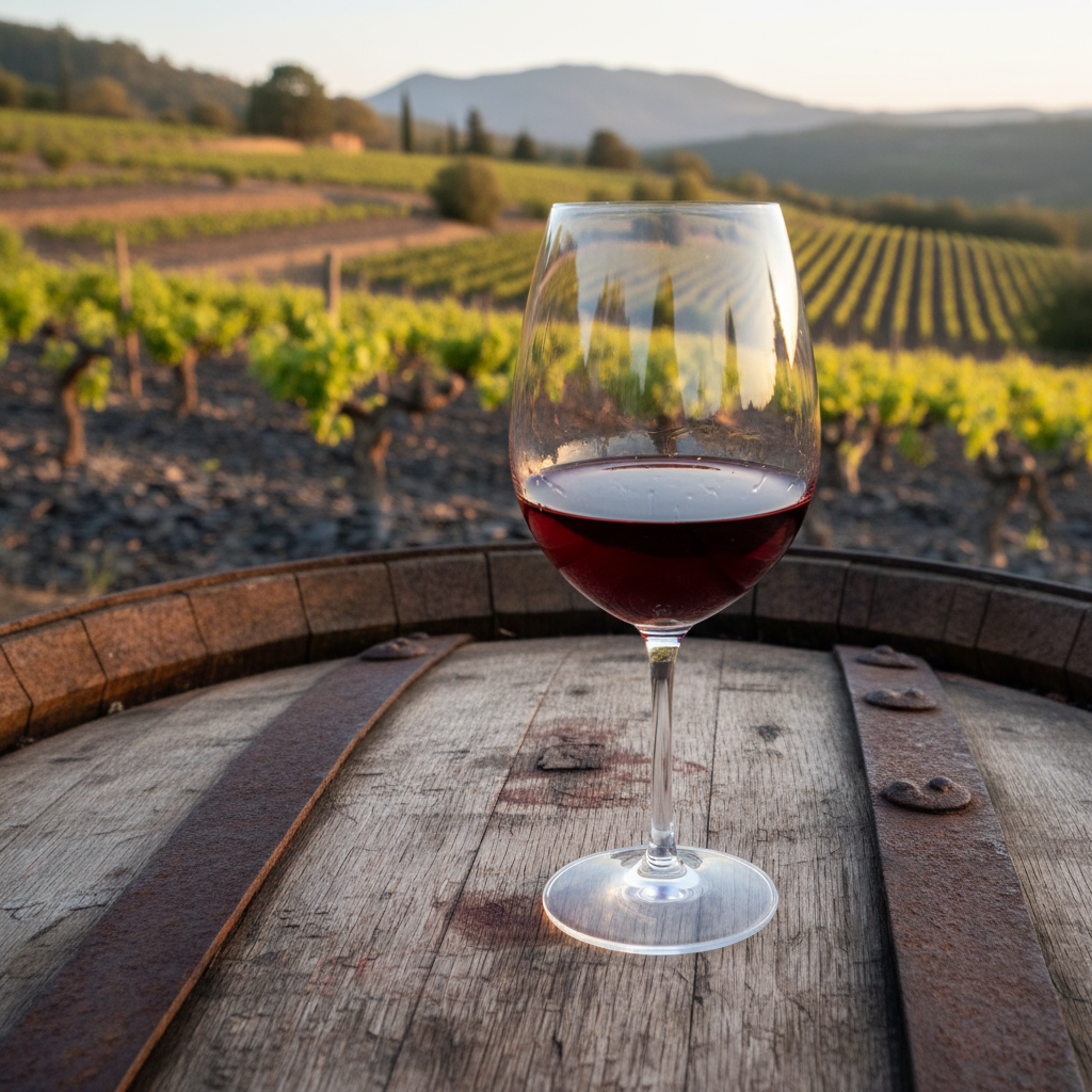 Taça de vinho tinto Garnacha sobre barril de carvalho, com vinhedo ensolarado de Priorat ou Rioja ao fundo, destacando o terroir espanhol.