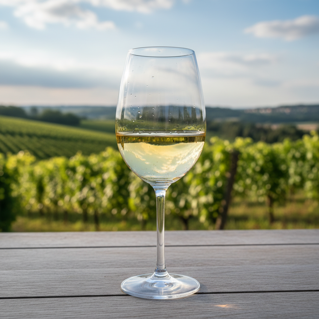 Taça de vinho Gewürztraminer dourado em cenário de vinhedo exuberante, sob luz natural.