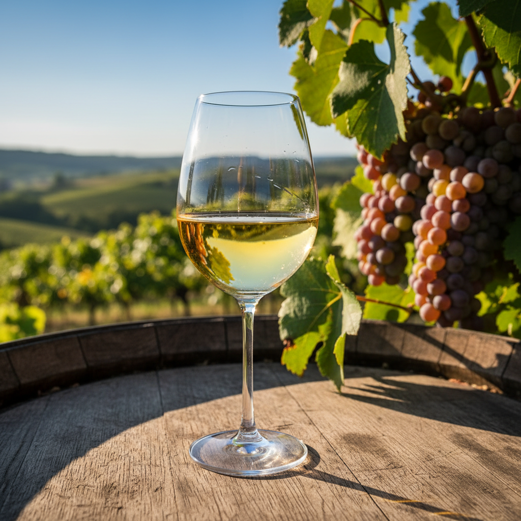 Taça de vinho Gewürztraminer dourado em uma mesa de madeira rústica, com um vinhedo ensolarado e cachos de uva Gewürztraminer ao fundo.