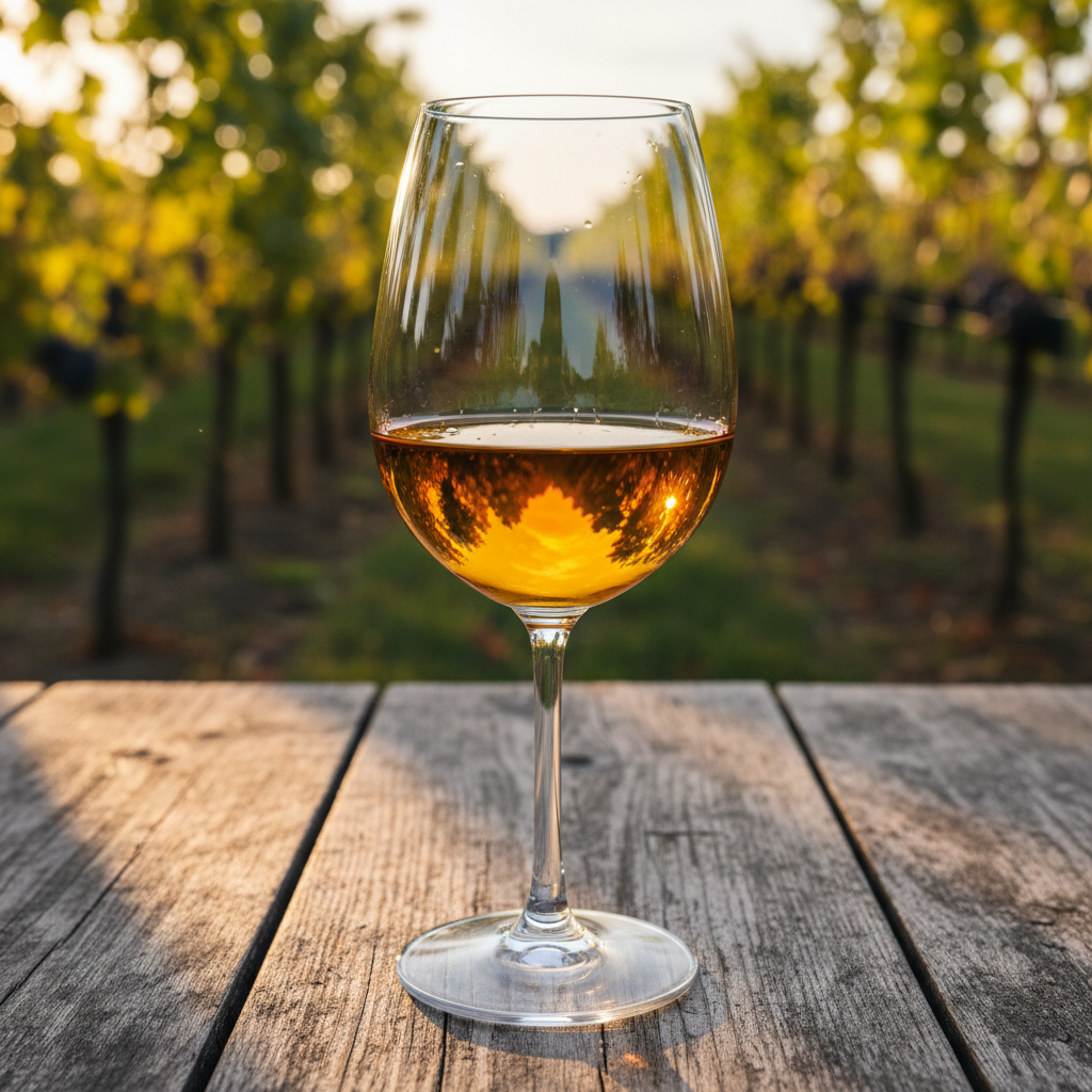 Taça de vinho Gewürztraminer com reflexos dourados sobre mesa de madeira rústica, em meio a um vinhedo iluminado pelo pôr do sol.