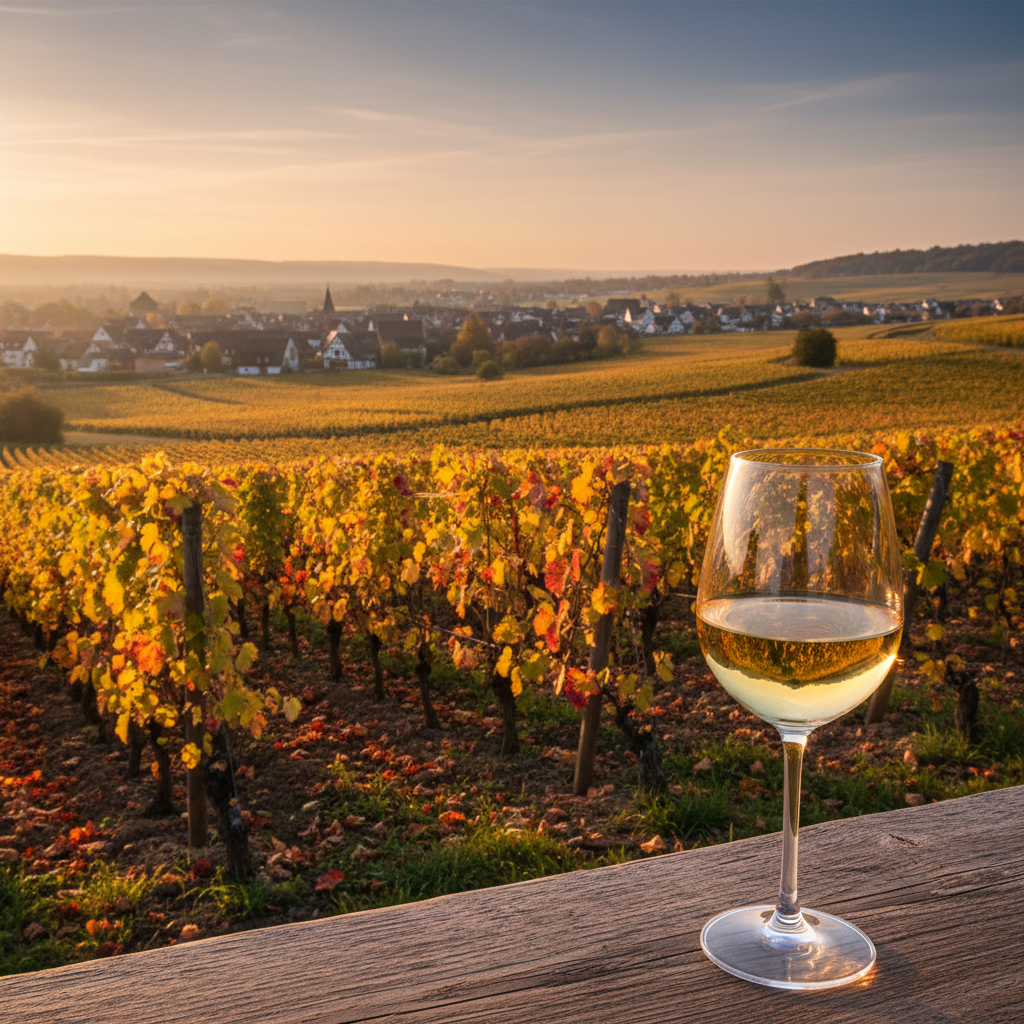 Vinhedo de Gewürztraminer na Alsácia ao pôr do sol, com uma taça de vinho branco em primeiro plano.