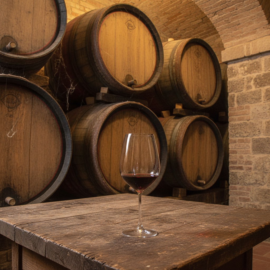Adegas históricas de Montalcino, com barris de carvalho envelhecidos e uma taça de Brunello di Montalcino em primeiro plano, sob luz ambiente.