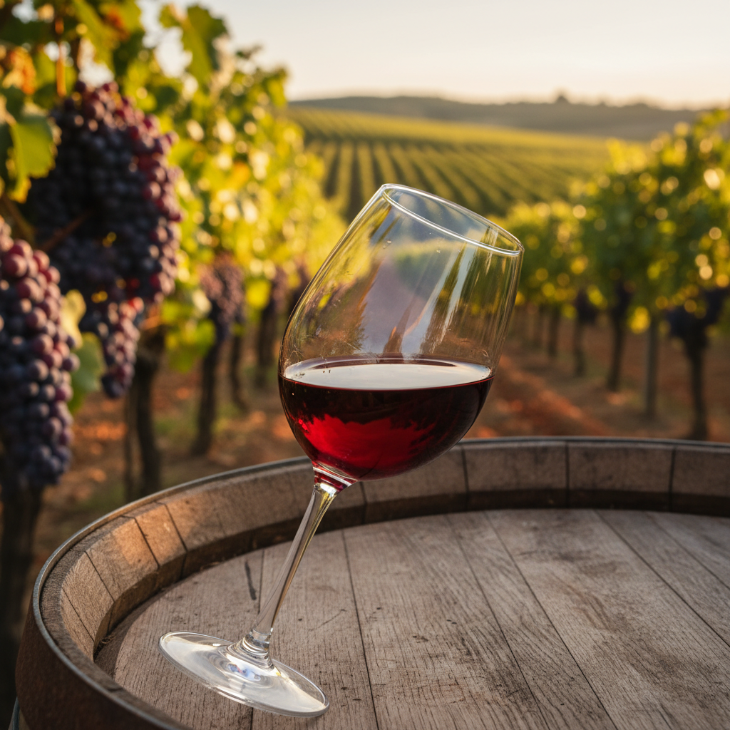 Taça de vinho tinto Grenache, com sua cor rubi intensa, repousando sobre um barril de carvalho em um vinhedo ensolarado.