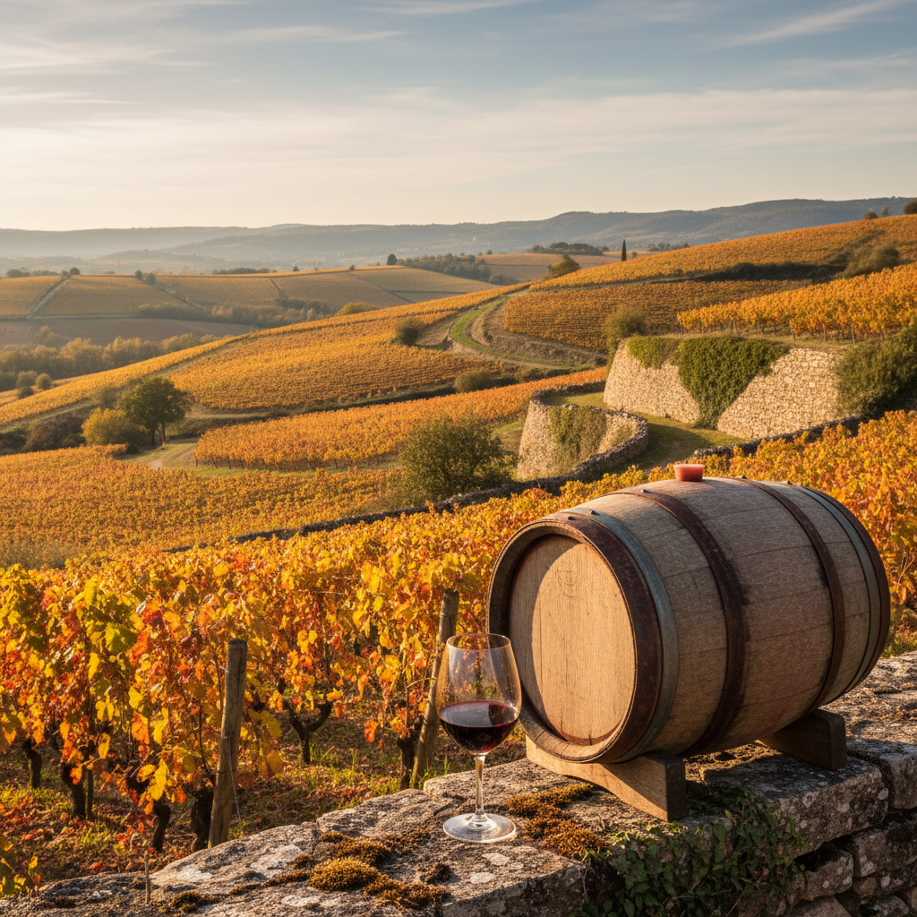 Vinhedos de Grenache ensolarados no Vale do Rhône, França, com um barril de vinho de carvalho e montanhas ao fundo.
