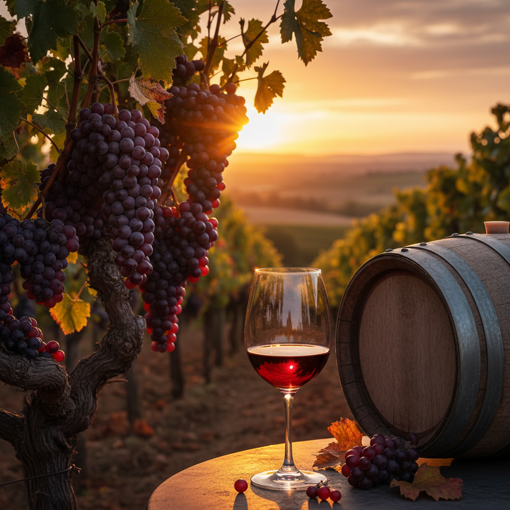 Vinhedo de Grenache ao pôr do sol com cachos de uvas maduras, uma taça de vinho tinto e um barril de madeira ao fundo.