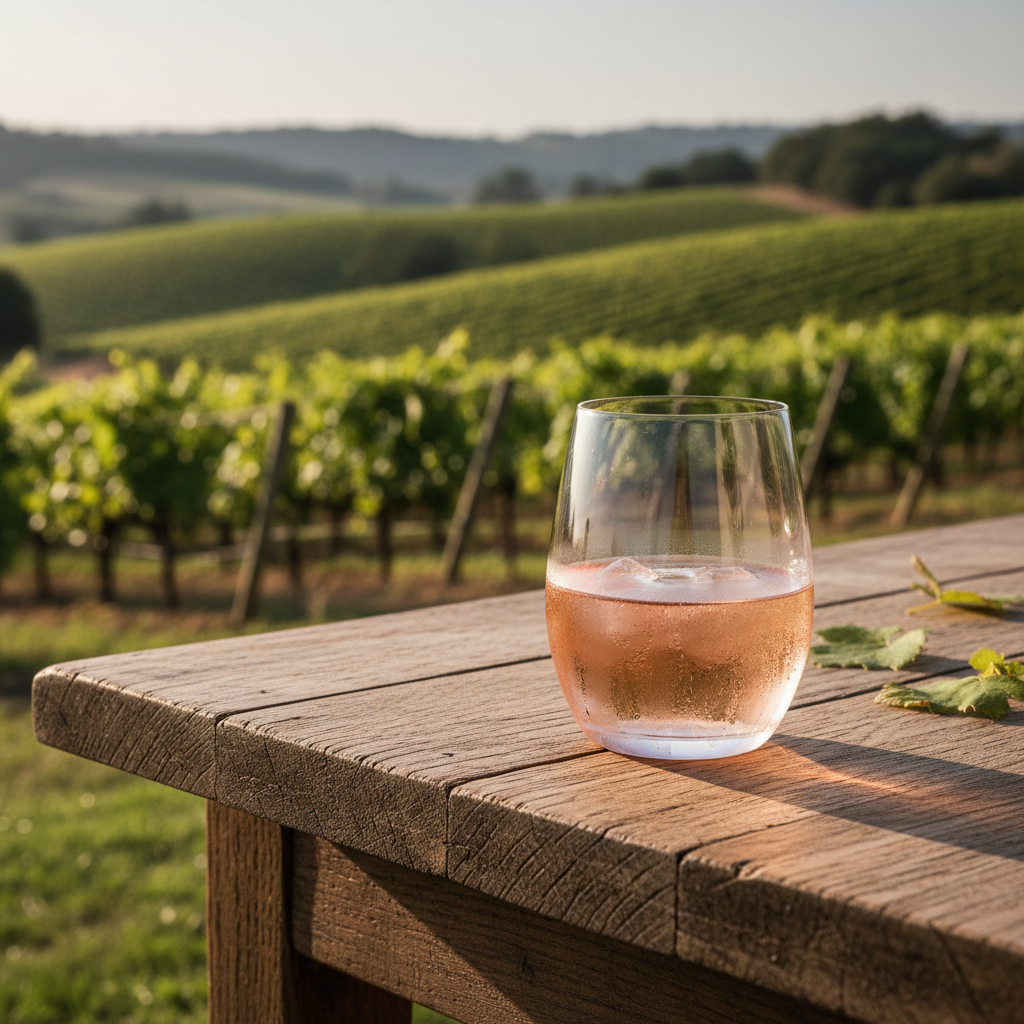 Taça de vinho Grenache Rosé gelado em mesa de madeira rústica, com vinhedo iluminado pelo sol ao fundo, transmitindo complexidade e sofisticação.