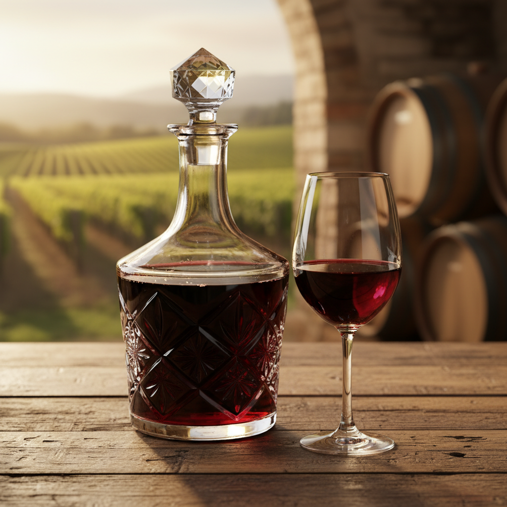 Decanter elegante com vinho tinto Grenache e uma taça de cristal sobre uma mesa de madeira, com um vinhedo ou adega desfocada ao fundo.