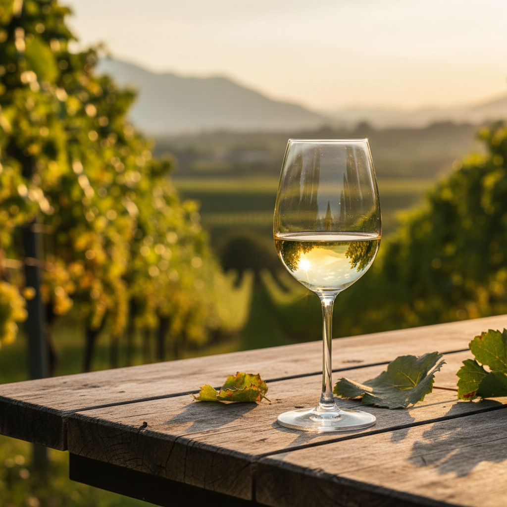 Taça de vinho Grüner Veltliner em uma mesa de madeira rústica, com um vinhedo verdejante ao fundo, sob a luz do sol.
