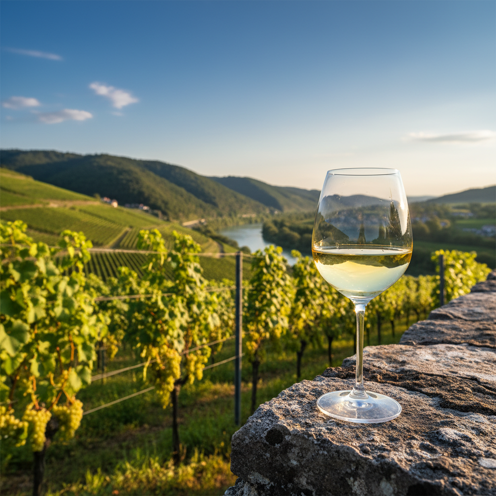 Taça de vinho Grüner Veltliner sobre um muro de pedra com um vinhedo ensolarado da região de Wachau, Áustria, ao fundo.