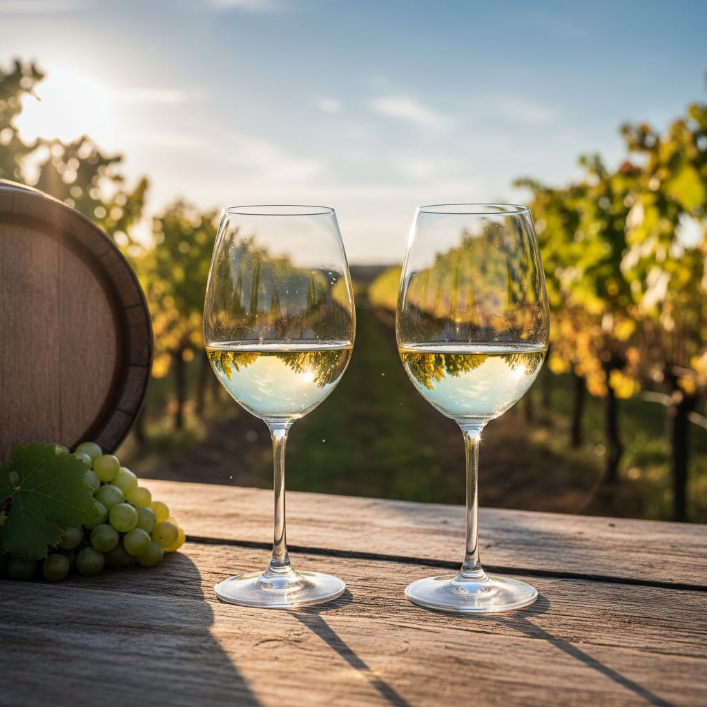 Duas taças de vinho branco, uma com Grüner Veltliner e outra com Sauvignon Blanc, em uma mesa de madeira rústica em um vinhedo ensolarado, simbolizando a escolha entre as duas uvas.