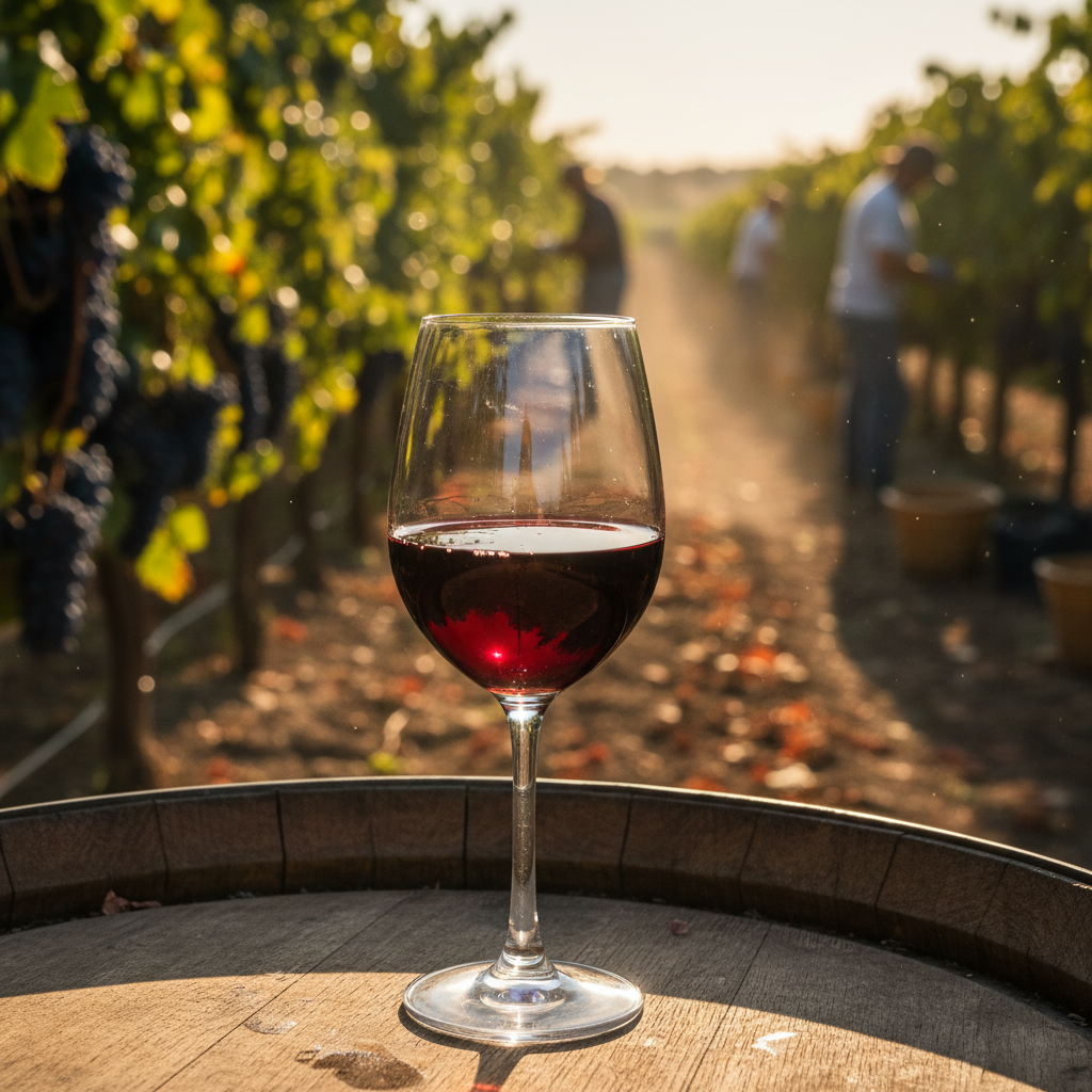 Taça de vinho Zinfandel/Primitivo sobre mesa rústica com vinhedo ensolarado ao fundo.