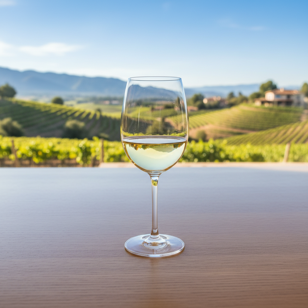 Taça de vinho branco de cor clara sobre mesa de madeira clara, com um vinhedo espanhol ensolarado e verdejante desfocado ao fundo, transmitindo frescor e autenticidade.