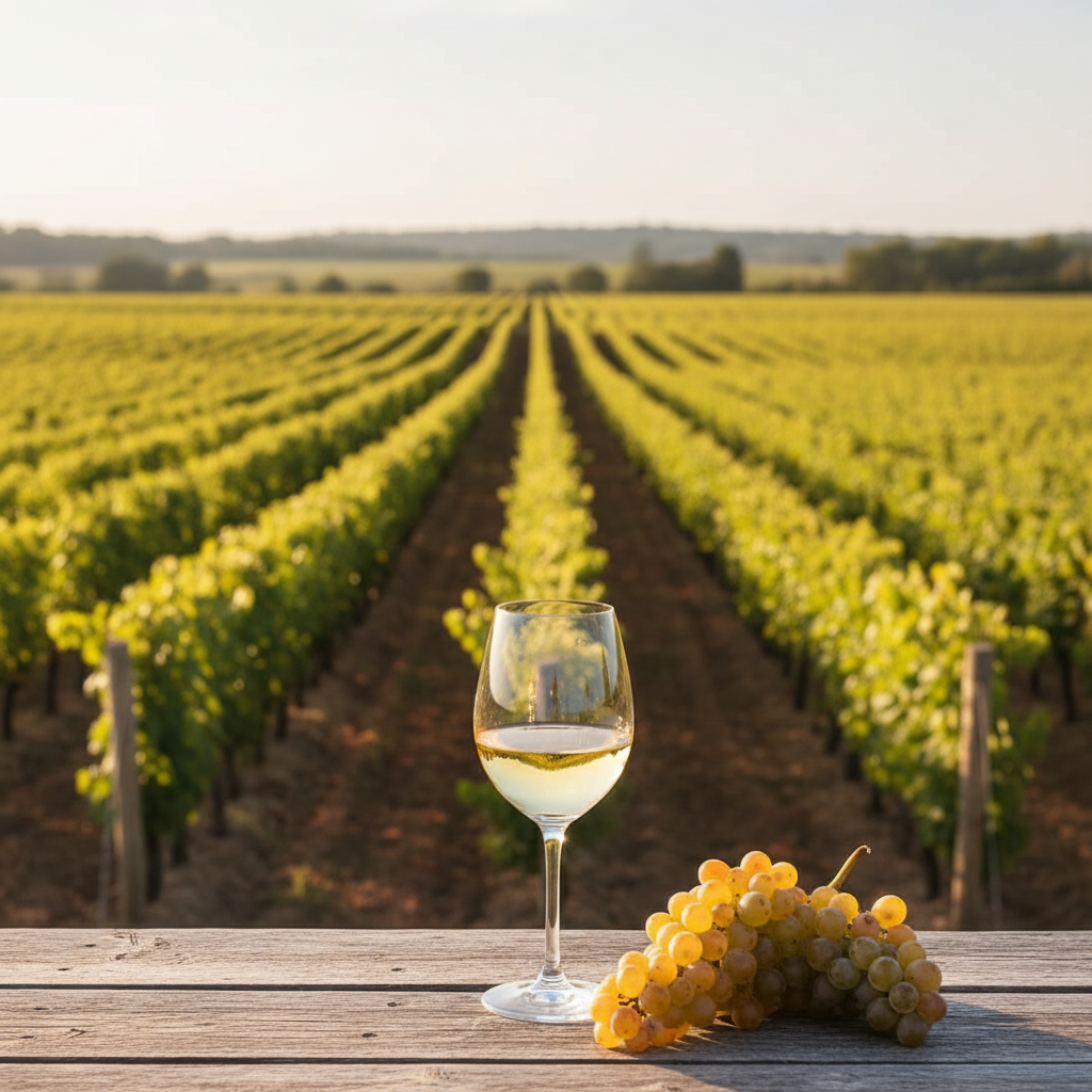 Taça de vinho branco Clairette Blanche em uma mesa rústica, com um cacho de uvas Clairette Blanche e um vinhedo ensolarado ao fundo no sul da França.