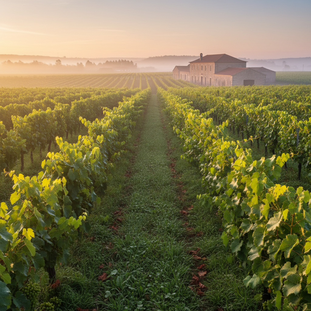 Vinhedo de uvas Loureiro ao amanhecer, com videiras exuberantes e névoa matinal sobre o vale, preparando-se para a colheita no Minho, Portugal.