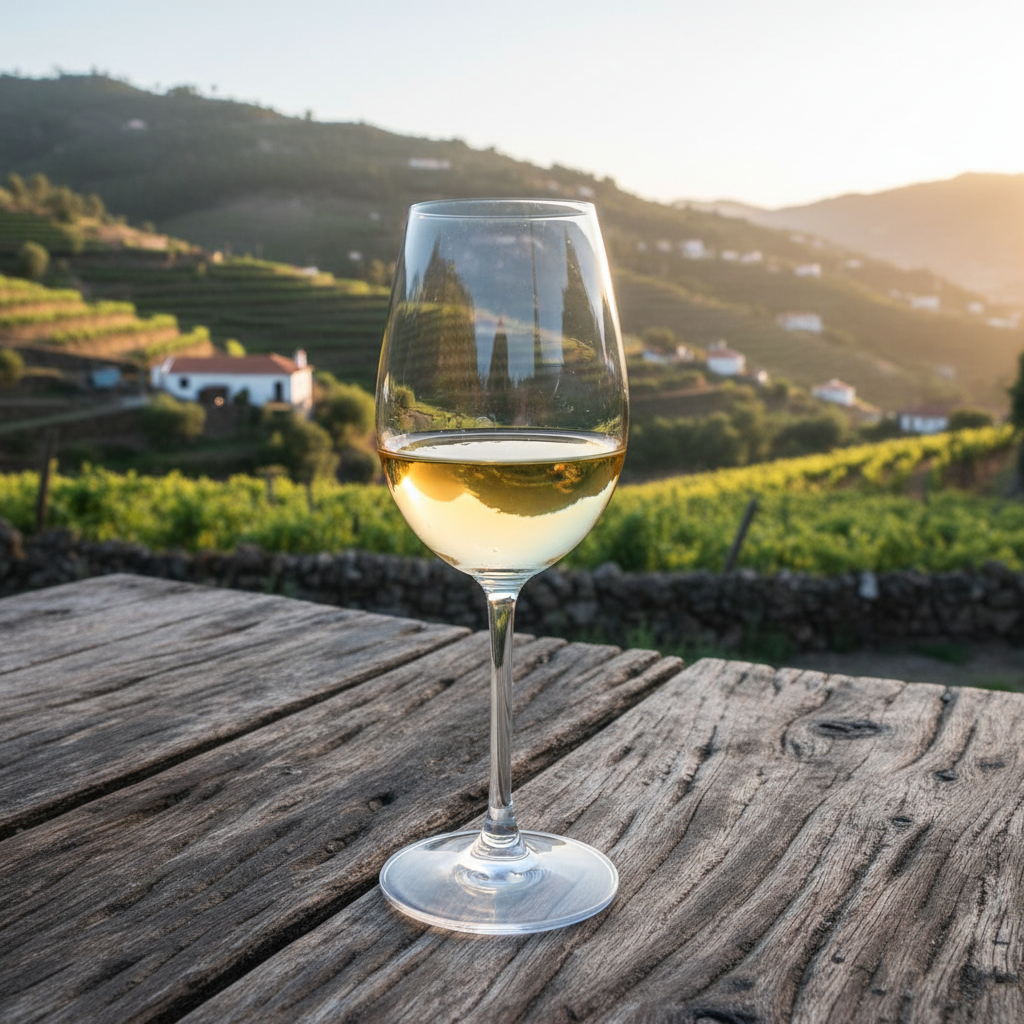 Taça de vinho Sercial em uma mesa de madeira com vinhedos portugueses ao fundo.