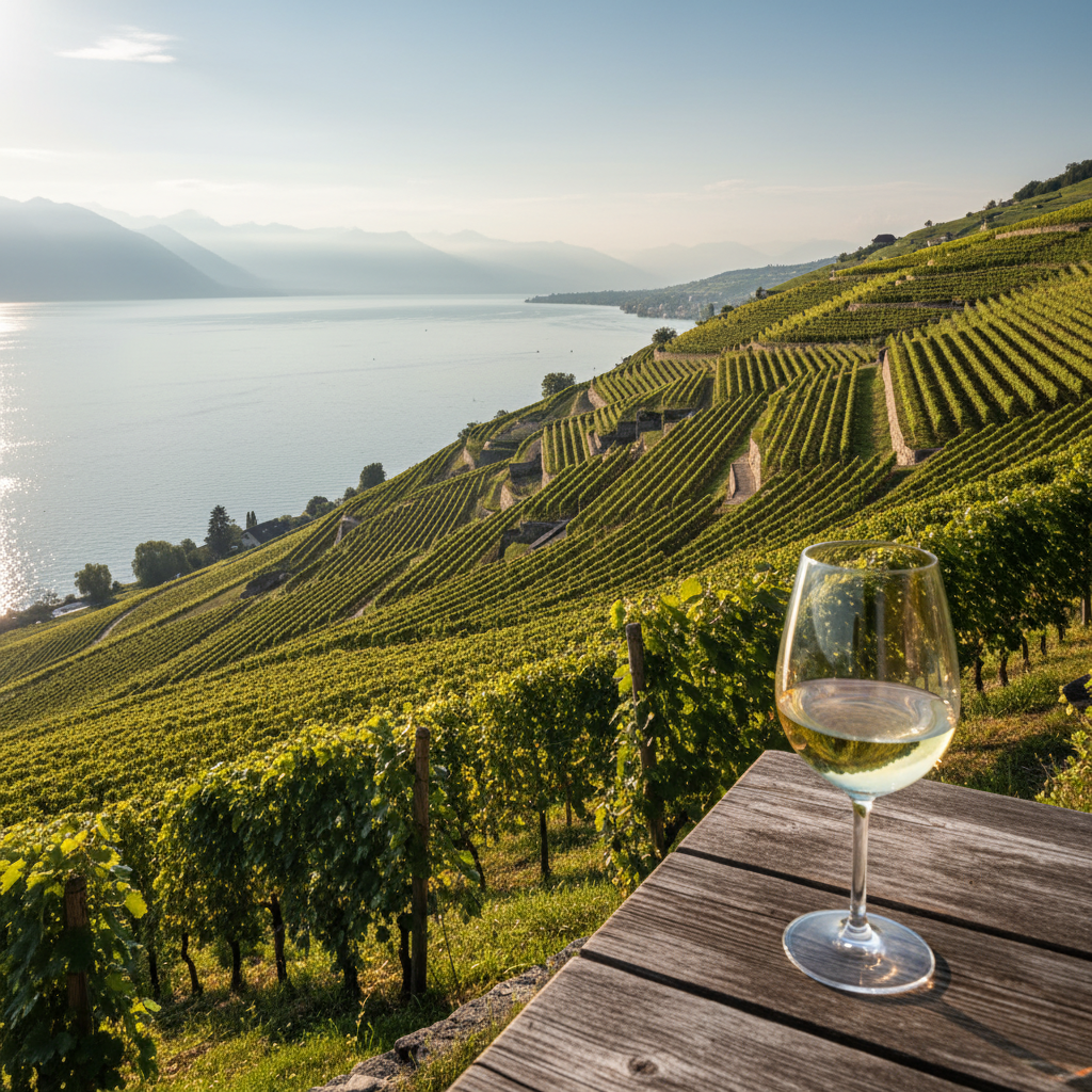 Taça de vinho Chasselas em vinhedo de Lavaux, Suíça, com lago ao fundo.