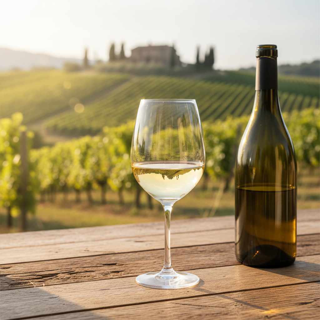 Taça de vinho Pecorino branco sobre mesa rústica com vinhedo italiano ao fundo, sob luz natural.