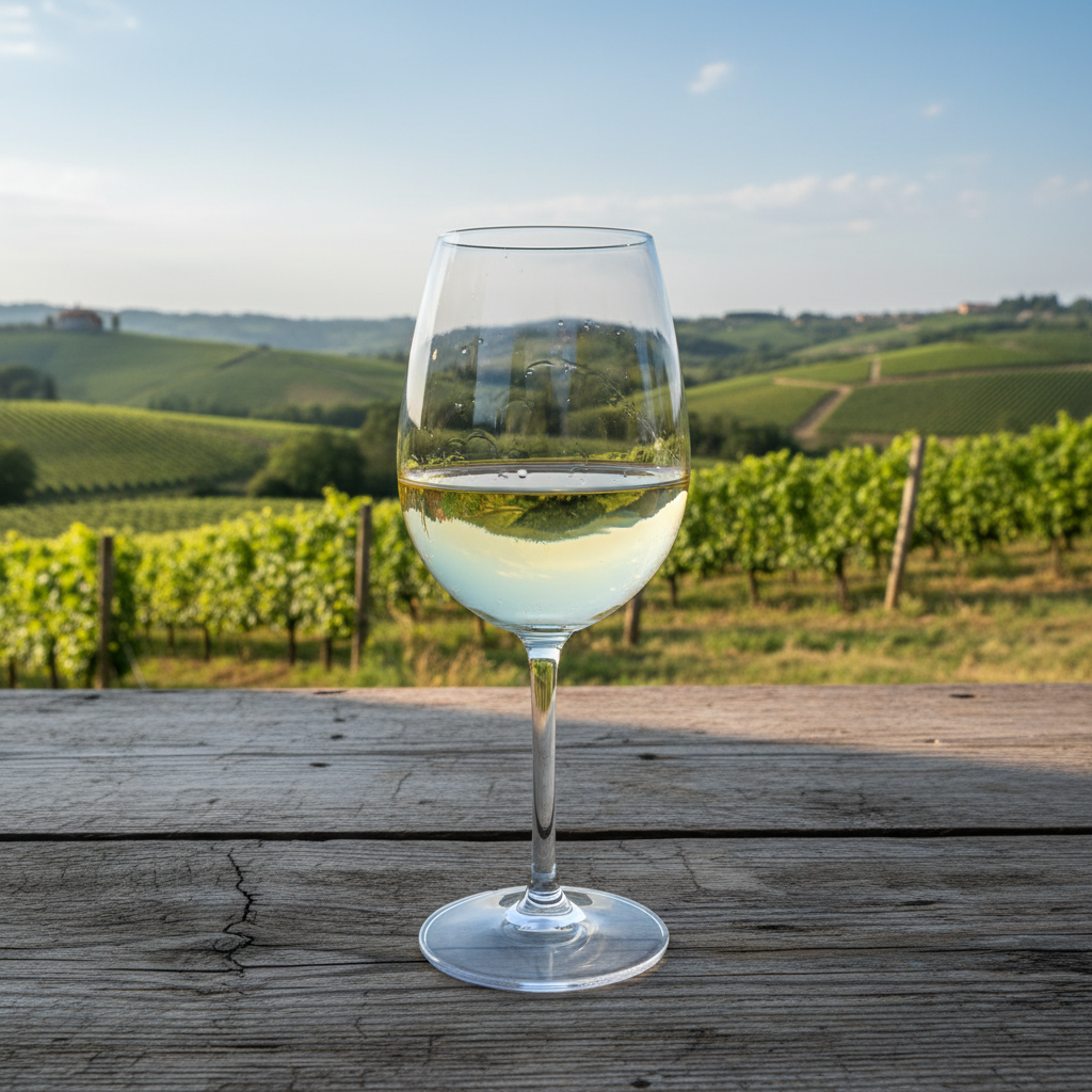 Taça de vinho Arneis branco em uma mesa de madeira rústica, com um vinhedo ensolarado do Piemonte ao fundo.